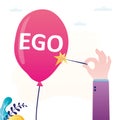 Person with needle pierces balloon with inscription ego. Human tries to overcome egoism
