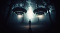 Person observing two dark surreal UFOs in the misty forest. Generative AI