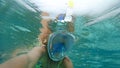 The person gerl in the ocean under water in a mask