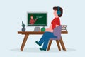 A person for Online training. Hand-drawn training of a young man from home with a computer desk. Banner for Online webinar,