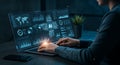 A person operates a laptop displaying advanced digital graphics, including maps,