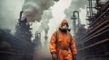 A person in orange hazmat suit with a gas mask in industrial zone of heavy smoke and pollution, with thick smog enveloping the