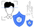Facial Recognition and Data Security Concept with Shields and Validation Checkmarks Royalty Free Stock Photo