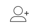 Person outline silhouette. Social user icon with plus sign. Linear profile pictogram. Member avatar portrait. Add new account sign