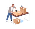 Person packing stuff in carton boxes. Man preparing cardboards for moving. Guy with scotch tape tool and packages during Royalty Free Stock Photo