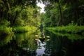 person, paddling kayak through calm lake, surrounded by lush greenery