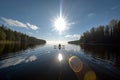 person, paddling their canoe over glassy lake, with sun shining overhead