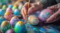 A person painting colorful eggs with a brush on easter, AI