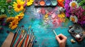 A person painting flowers with paint brushes and a palette of colors, AI Royalty Free Stock Photo