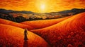 Vivid Dreamscape: Woman Walking In Orange Field