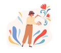 Person painting in virtual reality using VR headset. Modern artist in drawing simulation glasses. Colored flat cartoon