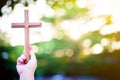 Person palm hands to hold holy cross, crucifix to worship. Royalty Free Stock Photo