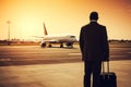 Person passenger waiting airplane boarding african american man waits plane flight arrival departure airport terminal Royalty Free Stock Photo