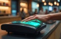 Person pays with hand at checkout counter using palm scanner device. Biometric tech provides secure identification, Royalty Free Stock Photo