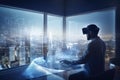 person, personifying the view of futuristic city, meeting with client in virtual environment