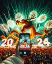 Person with phone in his hand filming celebrations New Year and symbol of 2024 year Green Dragon