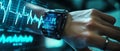 The person in the photograph is wearing a wearable heart monitor device, symbolizing continuous health tracking data