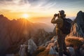 person, photographing the sunrise over a rugged mountain range, during adventure travel expedition