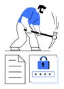Man mining passwords with pickaxe above file and password lock concepts Royalty Free Stock Photo