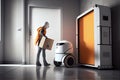 person, picking up urgent parcel from robot courier, which quickly speeds off