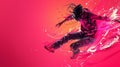 A person in a pink jacket jumping on top of some paint splats, AI