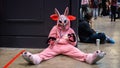 Person in pink outfit of a rabbit with scary rabbit mask sitting on the ground