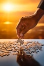 Person placing piece of puzzle into puzzle. Generative AI Royalty Free Stock Photo