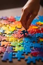 Person placing piece of puzzle together with hand. Generative AI Royalty Free Stock Photo