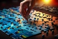 Person is placing piece of puzzle together with light shining on them. Generative AI Royalty Free Stock Photo