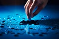 Person is placing piece of puzzle together with piece missing. Generative AI Royalty Free Stock Photo