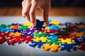 Person placing piece of puzzle together on table. Generative AI Royalty Free Stock Photo