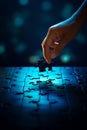 Person placing piece of puzzle together with their fingers. Generative AI Royalty Free Stock Photo