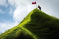 person planting a flag on the peak of a grass wave