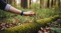 Person planting a small pine tree in a forest with moss covered fallen tree trunk Royalty Free Stock Photo