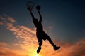 Basket silhouette jump sky sport athlete player hoop sunset playing ball basketball game Royalty Free Stock Photo