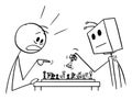 Person Playing Chess with Robot or Artificial Intelligence and loosing, Vector Cartoon Stick Figure Illustration Royalty Free Stock Photo