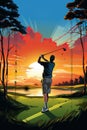 person playing gold at sunset illustration, man golfing Royalty Free Stock Photo