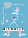 Person playing on grand piano. Hands with wings and little dancing fairy and elf on scy blue background in vector.