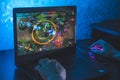 Person playing league of legends video game on computer Royalty Free Stock Photo