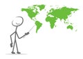 Person pointing at the green map of the world with a stick isolated on a white background Royalty Free Stock Photo