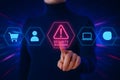 A person pointing to a security warning icon related to online shopping and data privacy Royalty Free Stock Photo