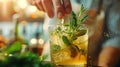 A person pouring a drink with herbs and spices into it, AI