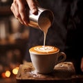 A person pouring milk into a cup of coffee, AI