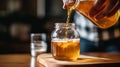 A person pours a liquid into mason jars, AI