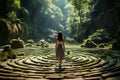 A person practices mindful walking along a labyrinth, tracing the winding path with each deliberate step on background of nature