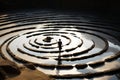 A person practices mindful walking along a labyrinth, tracing the winding path with each deliberate step on background of nature