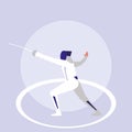 Person practicing fencing avatar character