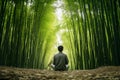 Person practicing mindfulness meditation amidst bamboo grove. Generative AI