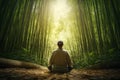 Person practicing mindfulness meditation amidst bamboo grove. Generative AI