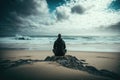 person, practicing transcendental meditation, with view of peaceful beach and waves in the background